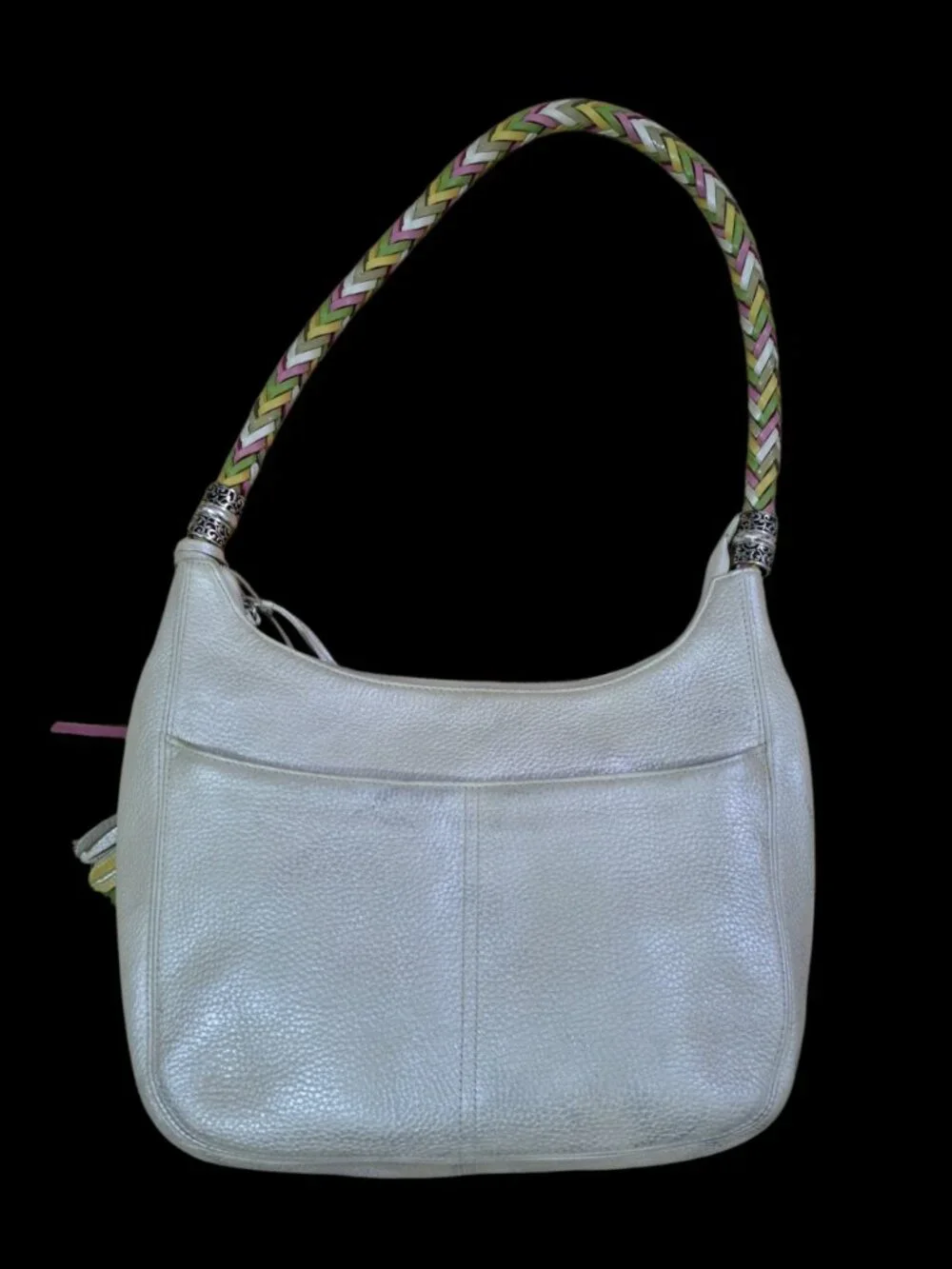 Brighton Women's Cream Pearl Pebbled Leather Hobo Bag Braided Shoulder Strap